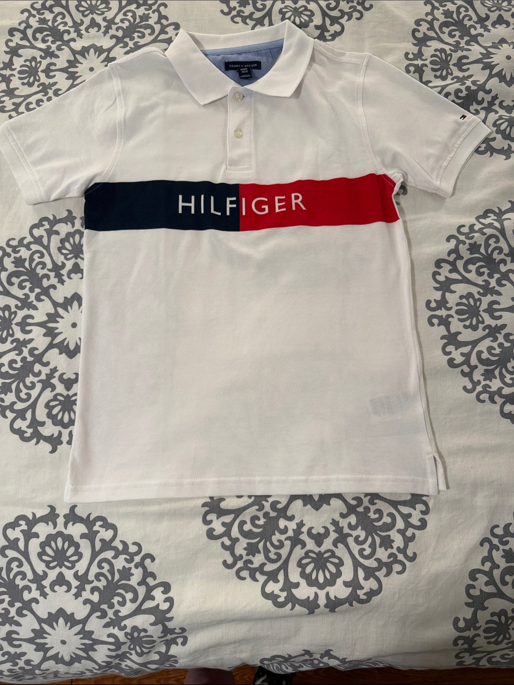 Tommy Hilfiger White Polo with Navy & Red Chest Panel